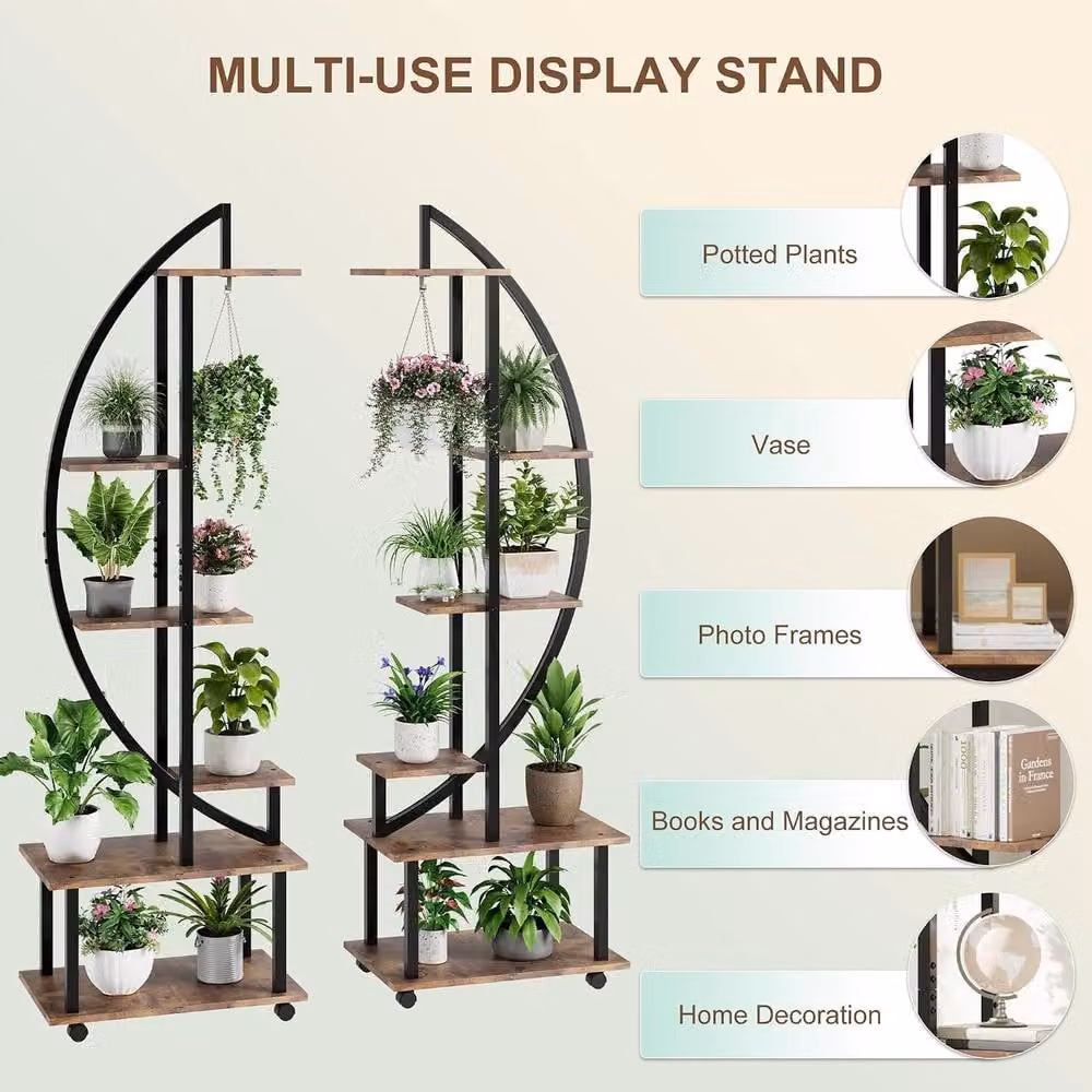 London Boutique 6-Tier Rolling Plant Stand with LED Grow Lights in Brown – 5