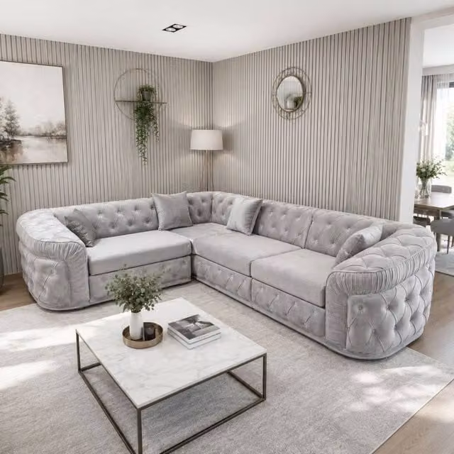 Stratus Interiors Ambassador Chesterfield Velvet Sofa with Silver Trim and Frill in Grey – 1