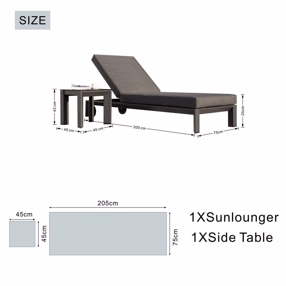 Mimo 2 Pack Grey Powder Coated Aluminium Sun Loungers with Side Table and Castors – 5