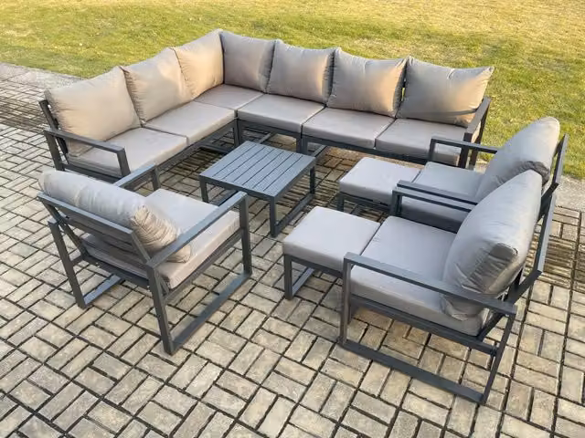 Fimous 11 Seater Aluminium Garden Furniture Set in Dark Grey with Corner Sofa, Coffee Table and Two Ottomans