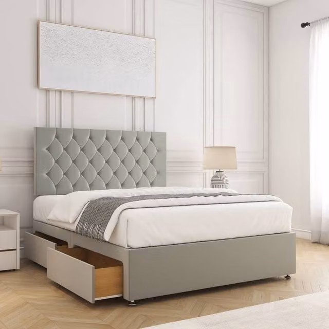 BSSPOKE Mia Plush Velvet Divan Bed with 24 inch Headboard, 4 Drawers and Mattress in Silver Grey, W/D/H: 140 x 200 cm