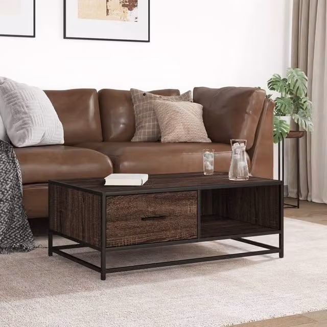 Berkfield Home Industrial Coffee Table in Brown Oak with Metal Sled Base, W/D/H: 90 x 57 x 35 cm – 1