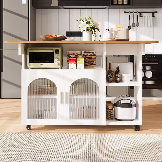 Aosom UK Mobile Kitchen Island with Fold-Down Dining Extensions and Open Shelves, White, W/D/H: 120 x 30-70 x 79.5 cm