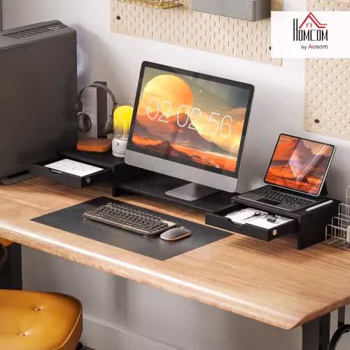 HOMCOM Dual Monitor Stand Riser with 2 Drawers for Laptop, Black – 2