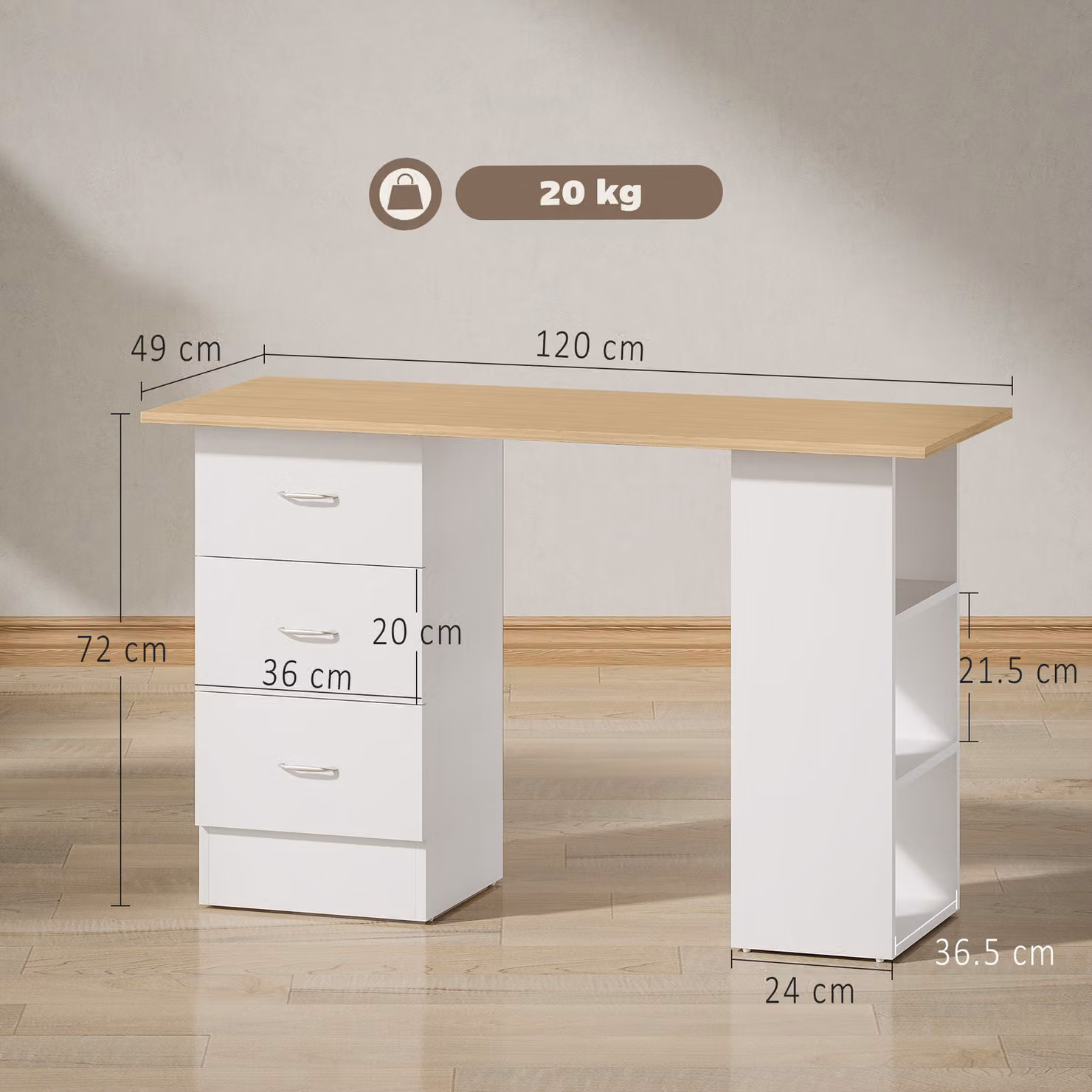 HOMCOM Computer Desk and Writing Table with 3 Storage Shelves and Drawers in White and Natural Wood Finish – 2