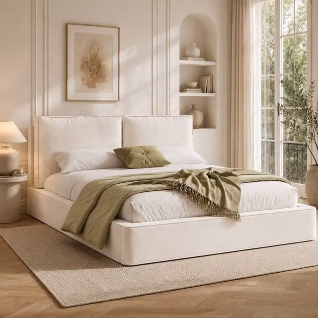 Rolipo Double Ottoman Storage Bed in Beige Upholstered Chenille, W/D/H: 140 x 200 cm – 1