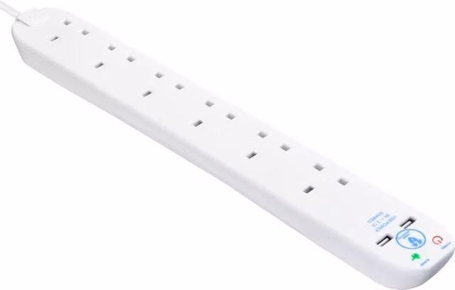 Masterplug Six Socket Surge Protected Extension Lead with 2 USB Ports and 2m Cable, White