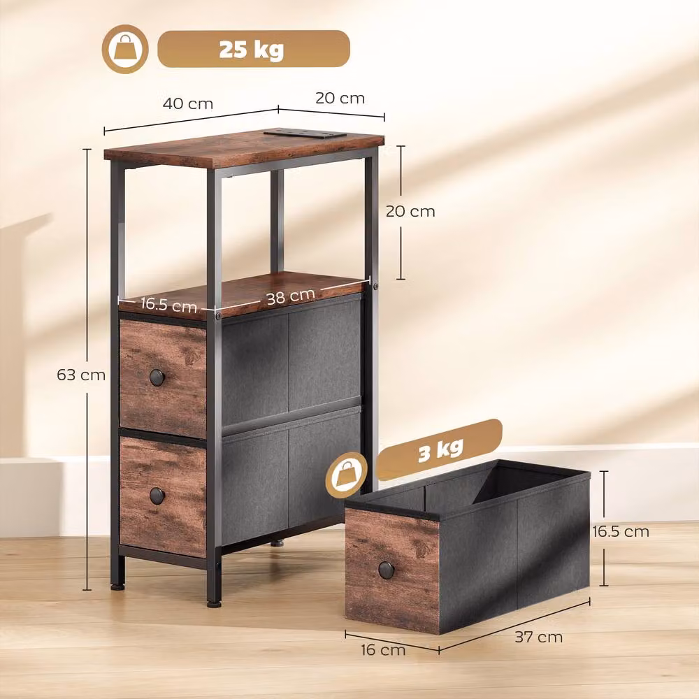 STILVORA Industrial Bedside Table with Charging Station and 2 Drawers in Dark Brown and Black – 4