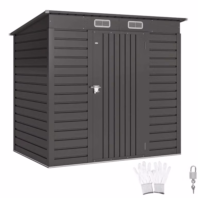 OUTSUNNY Grey Galvanised Metal Pent Garden Shed with Lockable Double Doors