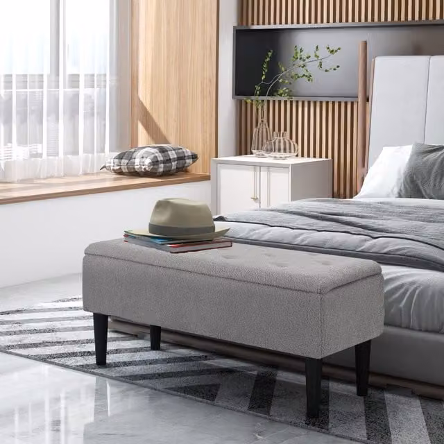 HOMCOM Modern Grey Fabric Upholstered Ottoman Storage Box with Wooden Legs