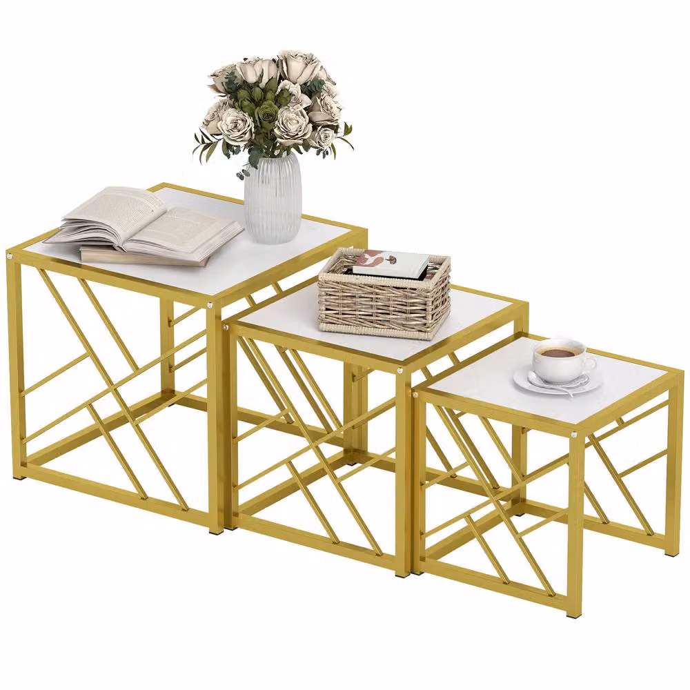 HOMCOM Set of 3 Nesting Square Coffee Tables with Metal Frame in White and Gold – 2