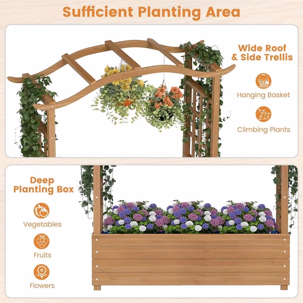 Kelvenix Wooden Raised Garden Bed with Climber Trellis in Brown, W: 124 cm, D: 99 cm, H: 36 cm – 3
