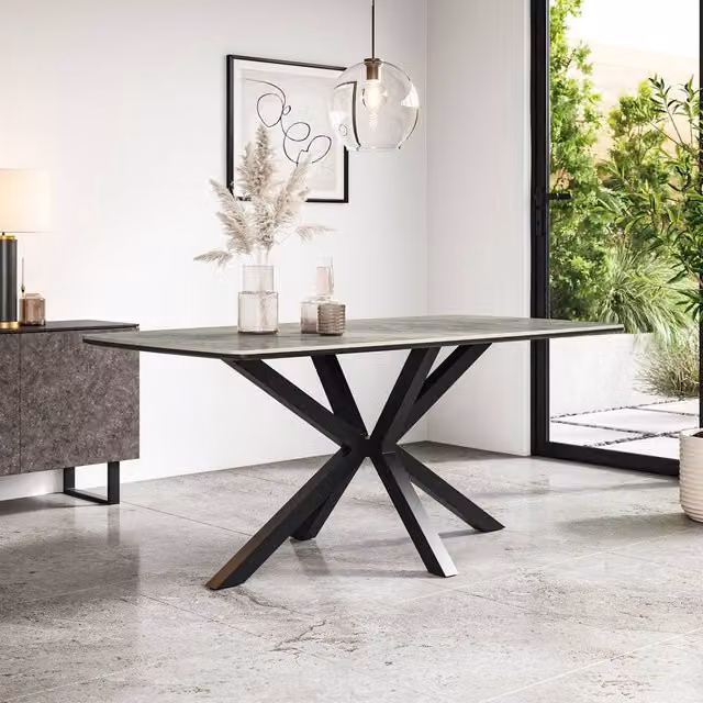 More4Homes Juno Rectangular Ceramic Dining Table in Light Grey with Black X-Frame Legs, W: 180 cm, D: 90 cm, H: 75 cm – 1