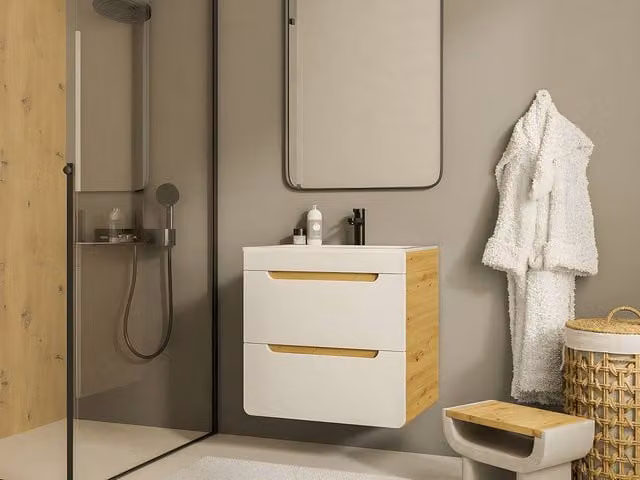 Vente-unique ARUBA Wall-Mounted Vanity Unit in Light Oak and White, W/D/H: 60 x 46 x 59 cm