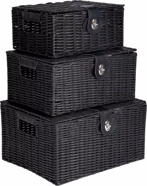 Innoteck Set of 3 Black Resin Wicker Storage Baskets with Lids and Handles