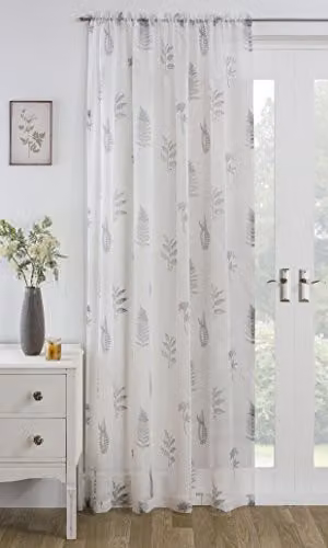 Yorkshire Linen Bracken Leaf Voile Fabric Panel, Grey, Width: 137 cm