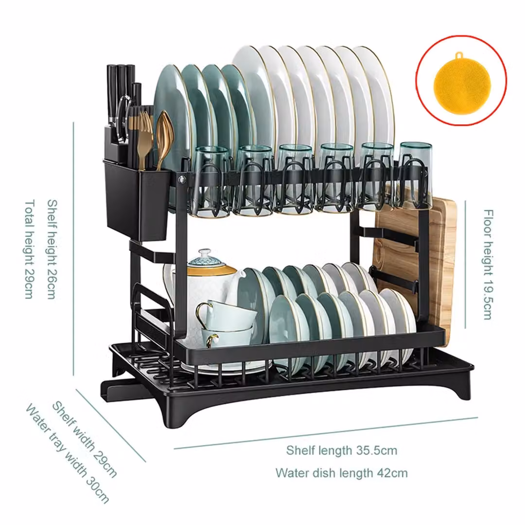SPETLEK 2 Tier Kitchen Sink Dish Drainer Rack with Cutlery Holder, Black, W/D/H: 42 x 30 x 29 cm – 2