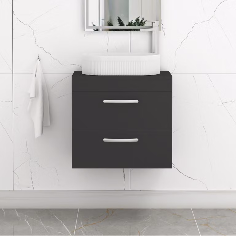 Royal Bathrooms Turin 800mm Wall Hung Vanity Unit with Lyon Countertop Basin, Matt Black with Matt Black Handles