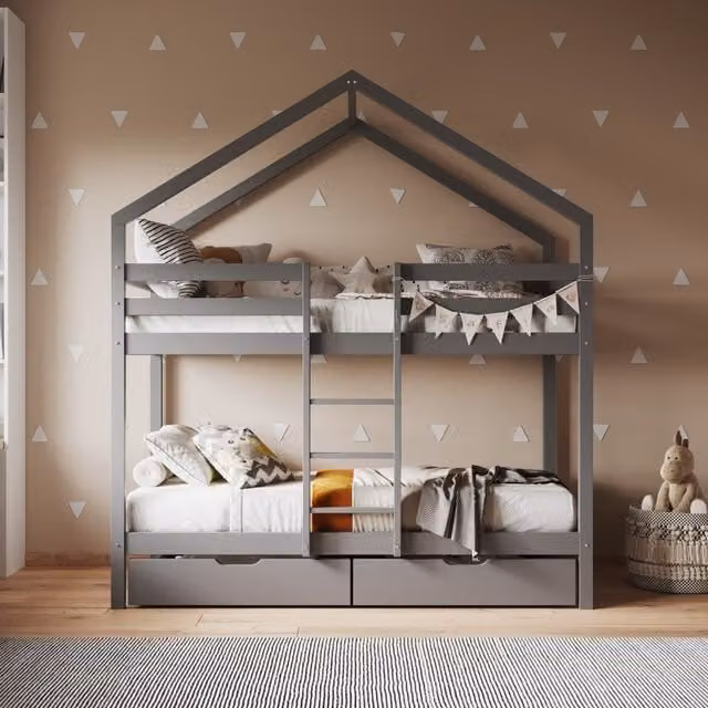 Flair Nest House Bunk Bed in Grey, Solid Wood with Drawers