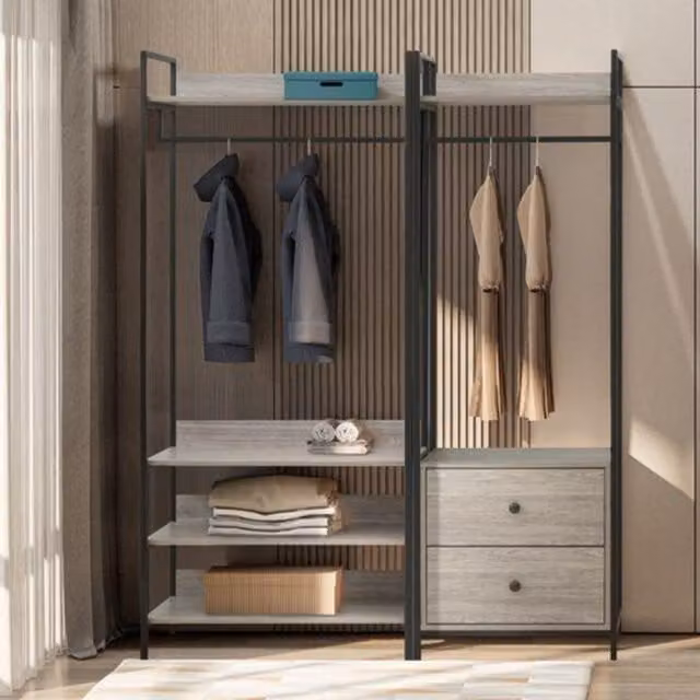 Swish Furniture Alva Pair of Double Open Wardrobes with 2 Drawers and 4 Shelves in Grey Oak and Black