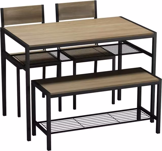 EONLION 4 Piece Industrial Dining Set with Rectangular Table and Metal Frame in Light Oak and Brown