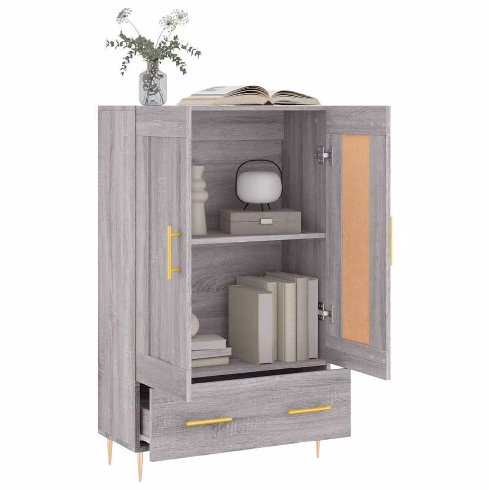 Berkfield Home Grey Sonoma Highboard in MDF with Hinged Doors and Drawers, W/D/H: 69.5 x 31 x 115 cm – 2