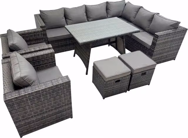 Fimous Dark Grey Mixed Rattan Garden Furniture Set with Dining Table, 2 Chairs and 2 Stools