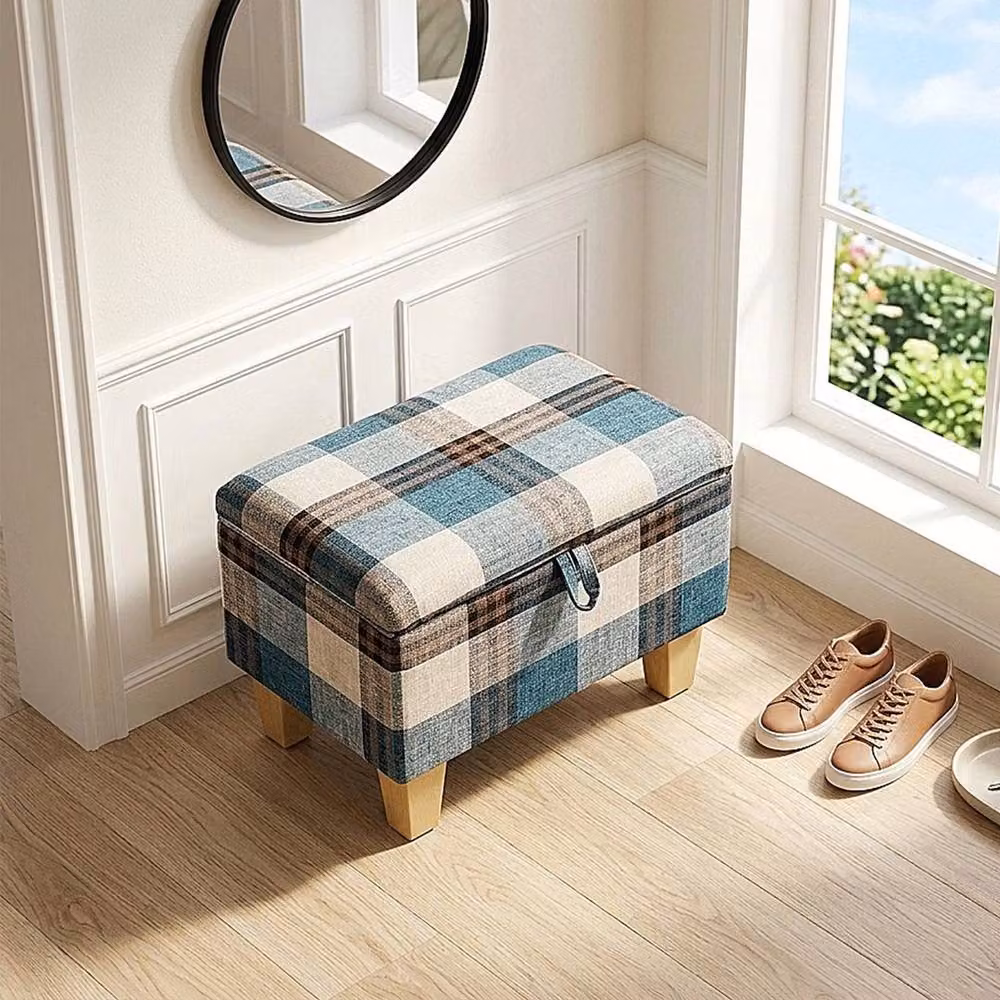 FORGEVIO Blue Checked Linen Upholstered Small Storage Ottoman Footstool Bench – 3