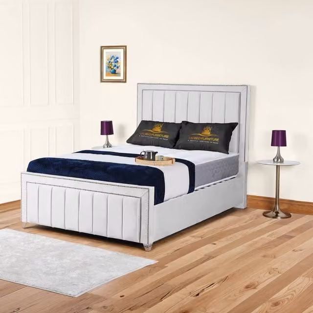 UK Bed Furniture Fiona Upholstered Slatted Base Bed with 48 Inch Headboard in White, W/D: 90 x 200 cm