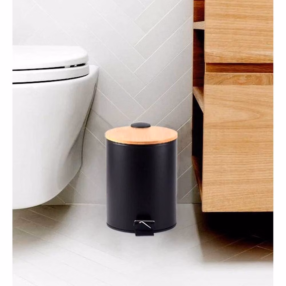 EONLION 5 Litre Black Stainless Steel Pedal Bin with Wooden Lid – 2