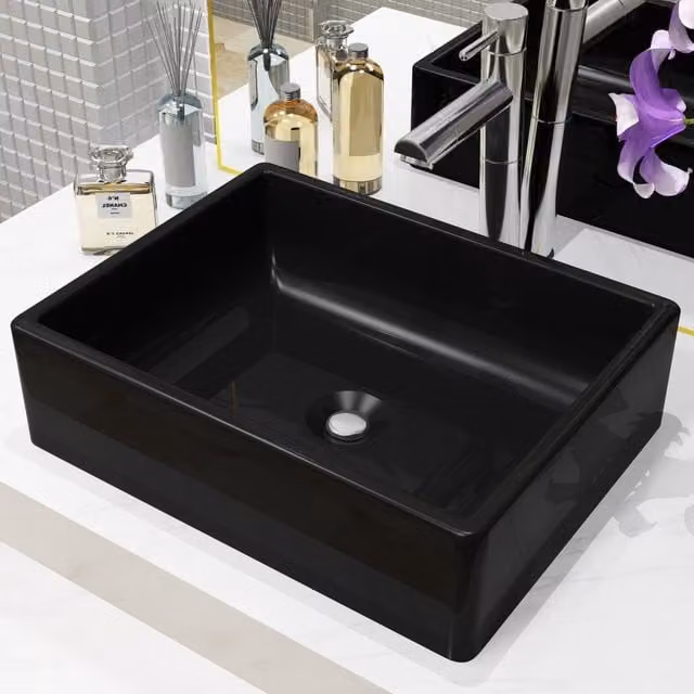 Berkfield Home Rectangular Ceramic Basin in Black, W: 41 cm, D: 30 cm, H: 12 cm