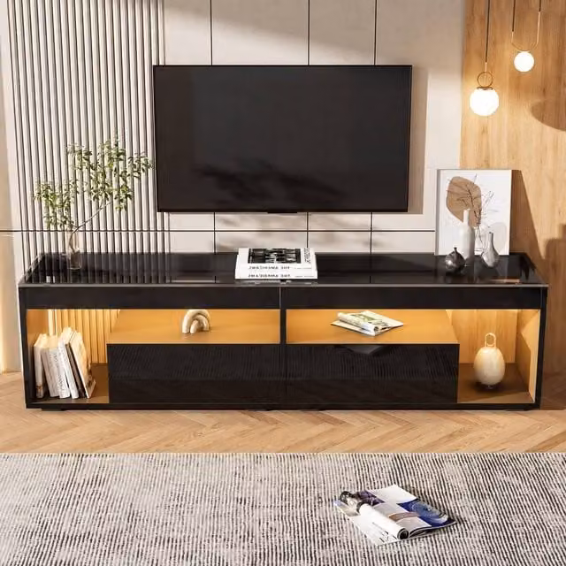 Merax Black High Gloss LED TV Stand with Glass Tabletop for TVs up to 80 Inch
