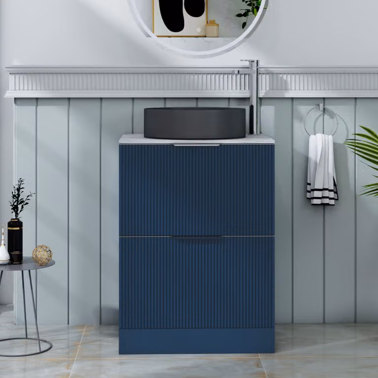 Royal Bathrooms Evora Midnight Blue Fluted Floor Standing Countertop Vanity Unit with 2 Drawers and Art Deco Round Basin, Width: 60 cm