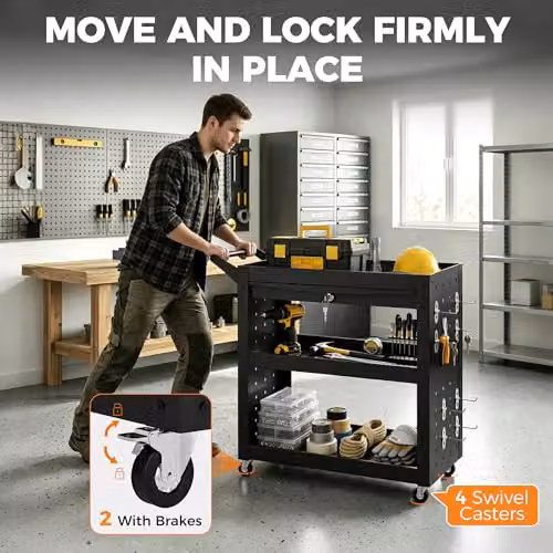 HOMCOM 3-Tier Steel Tool Cart with Pegboards, Drawer and Lockable Wheels, Black, W: 90.0 cm, D: 35.0 cm, H: 78.0 cm – 4