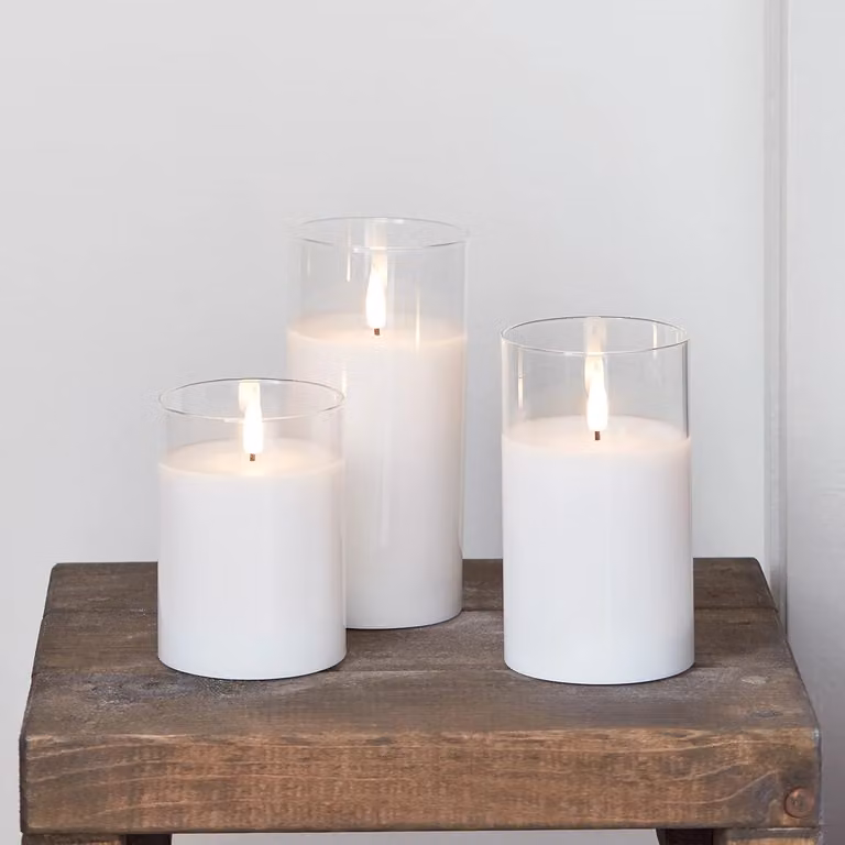TruGlow® White LED Glass Candle Trio with Remote Control, Flicker Effect and Timer, Round Pillar Style for Tabletop Use