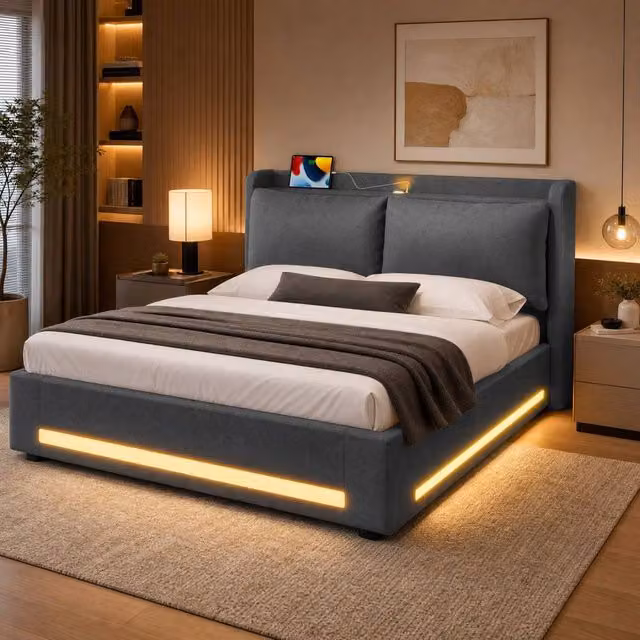 STILVORA King Size Upholstered Bed Frame with Storage and Lift-Up Base in Grey