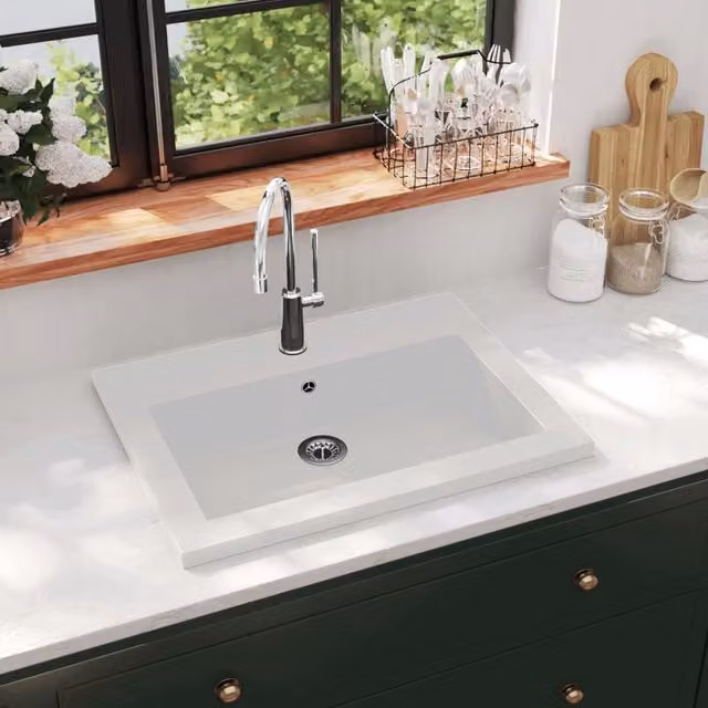 Berkfield Home White Granite Composite Rectangular Basin with Overflow W/D/H: 60 x 45 x 12 cm – 1