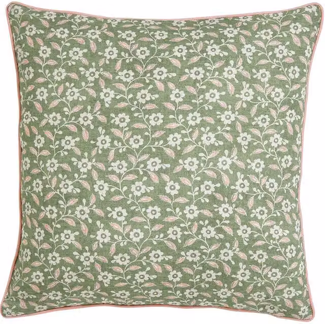 Helena Springfield Folk Ditsy Floral Cotton Cushion in Green and Pink, W/D/H: 45 x 45 x 45 cm