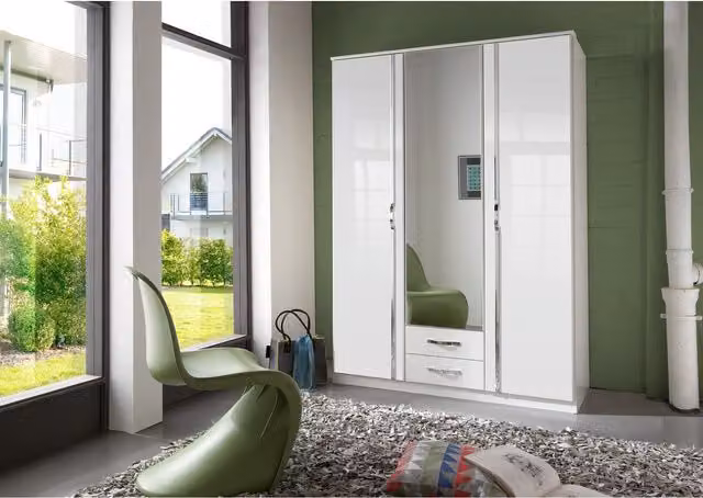 TJS Trio Modern Freestanding Wardrobe with 4 Doors and 2 Drawers in Gloss and Matt White, Width: 135 cm