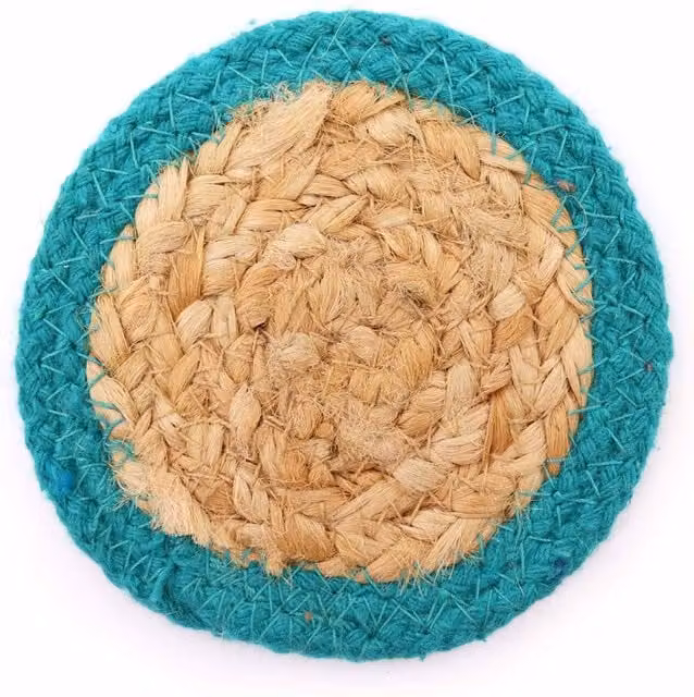 KDMD Natural Jute and Cotton Coaster Set of 4 with Blue Teal Border, Diameter: 10 cm