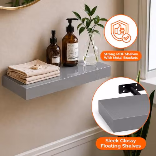 iTrend High Gloss Grey Floating Wall Shelf, Modern MDF Wall Mounted Storage Shelf for Living Room, Kitchen or Bathroom, Pack of 1 – 2