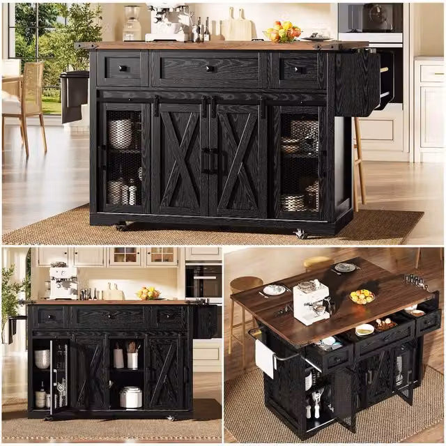 BTM Kitchen Island Trolley with Extendable Worktop and Power Outlet in Black, W/D/H: 91.5 x 45 x 45 cm