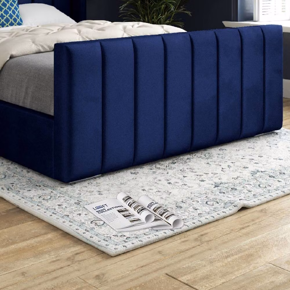 KDMD Stretton Winged Upholstered Designer Bed Frame in Blue Soft Velvet, W/D/H: 90 x 200 cm – 5