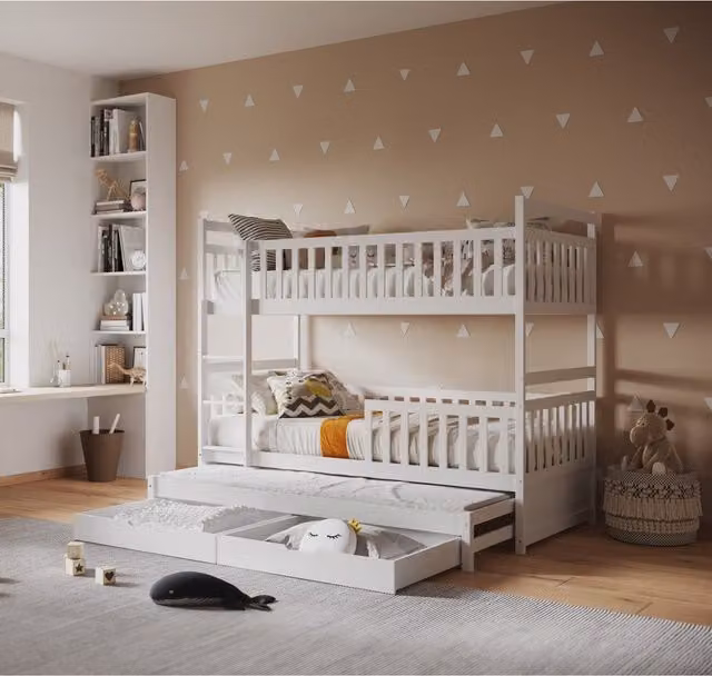 Flair Elvis White Solid Wood Bunk Bed with Trundle and Drawers, 90 x 200 cm