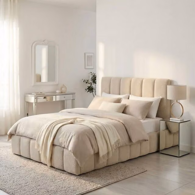 FurnitureboxUK Trifle Double Ottoman Bed Frame in Beige Boucle Fabric, W/D/H: 140 x 200 cm
