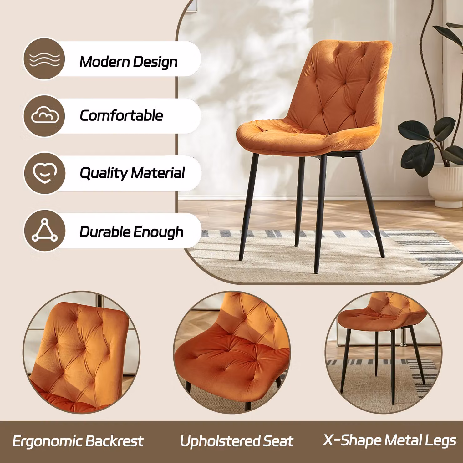 SONARA Modern Set of 2 Orange Velvet Dining Chairs with Ergonomic Upholstered Seats and Metal Legs – 3