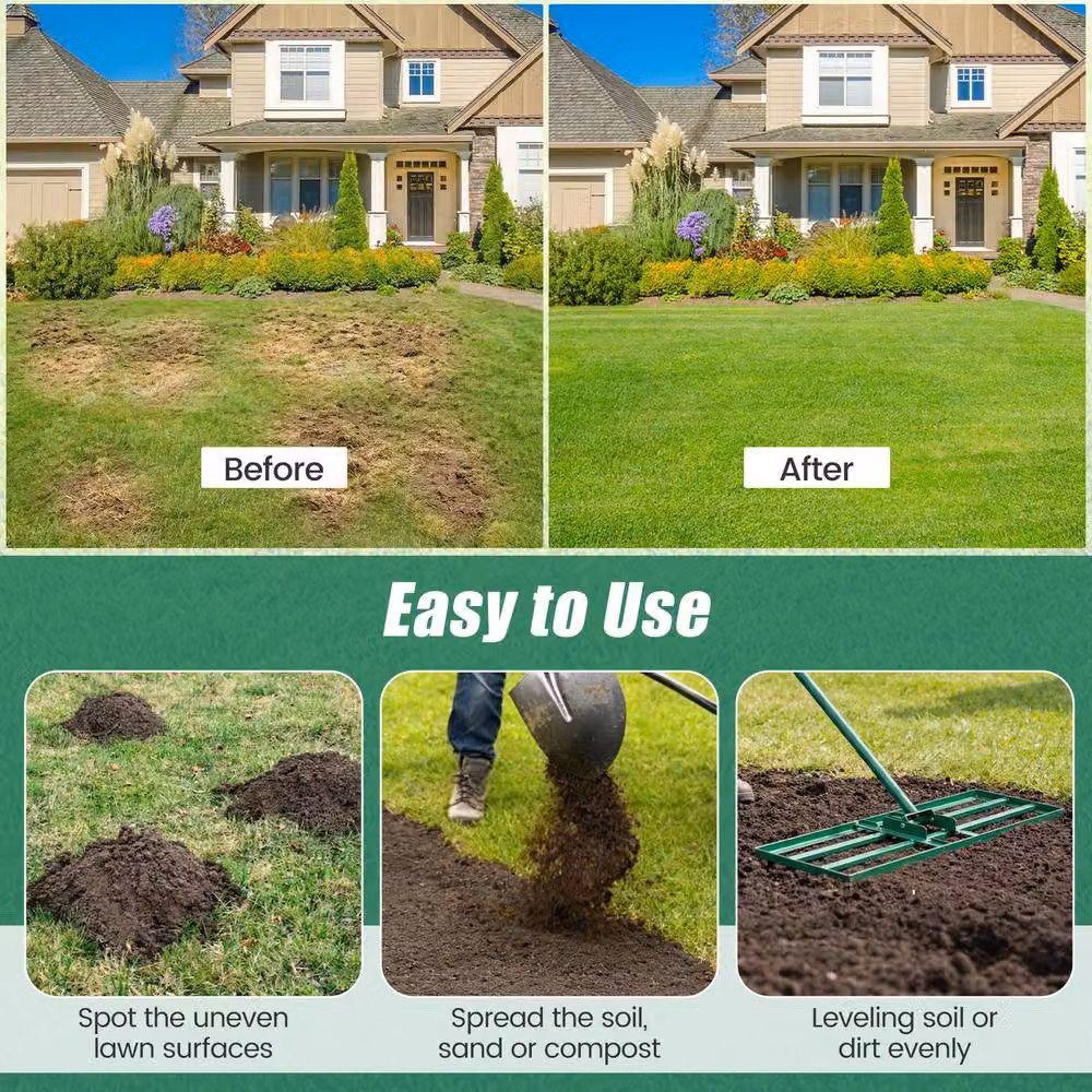 Costway Heavy-Duty Metal Lawn Leveling Rake with Adjustable Handle in Green – 4