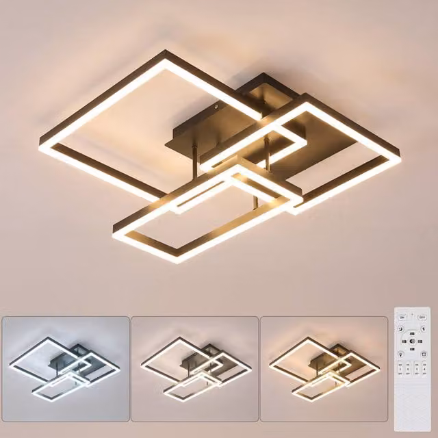 COMELY Modern Square Dimmable LED Ceiling Light, 48W, Black