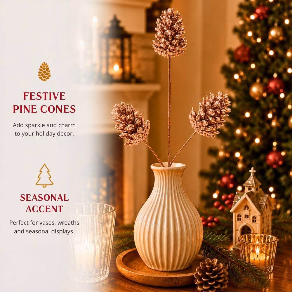 Shatchi 12 Pack Glitter Rose Gold Pine Cone Christmas Picks, 58 cm – 7
