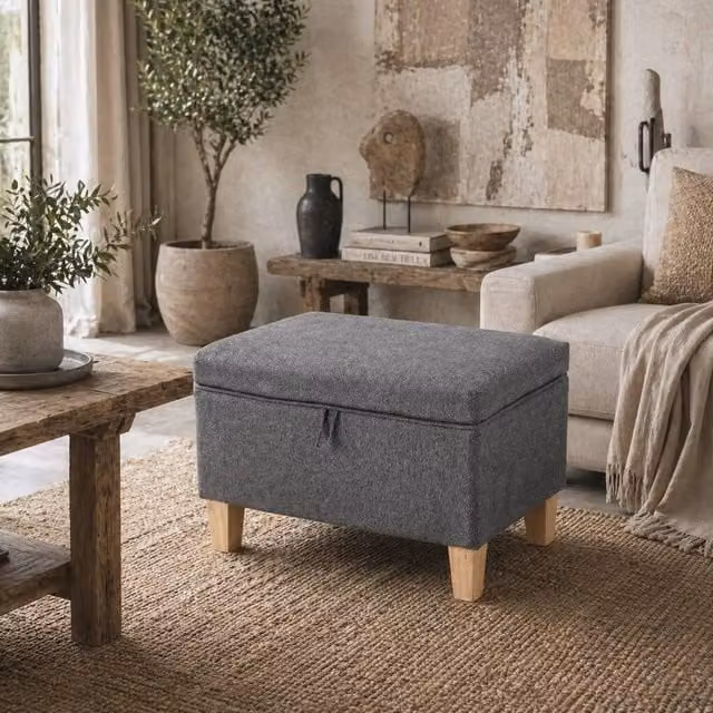Wyld Haus Doma Compact Storage Ottoman in Charcoal Grey Linen Effect with Natural Wood Legs – 1